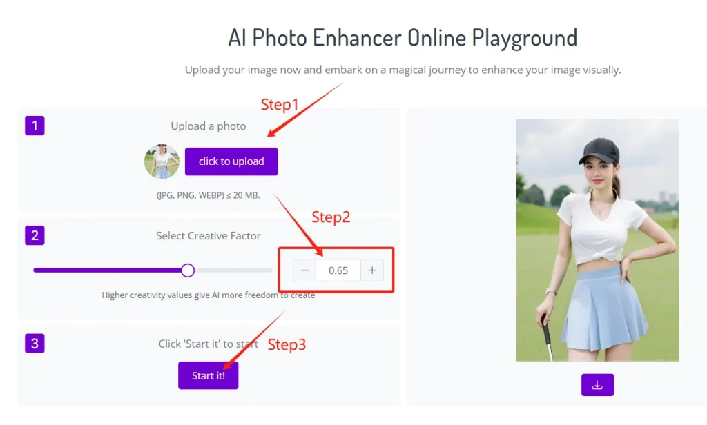 Three steps of AI photo enhancer