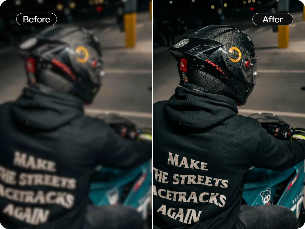 Before and after of PixNova unblur Tool Fixing Motorcycle Jacket Text