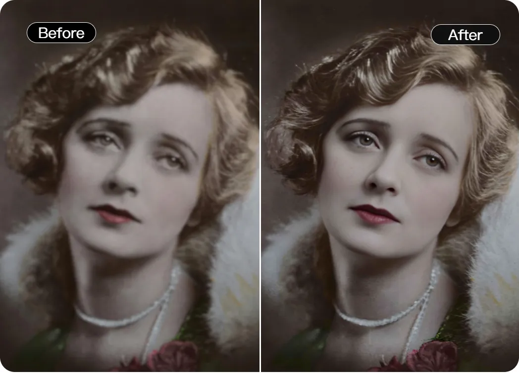 Vintage portrait AI restoration: Before gray tones vs After vivid color revival