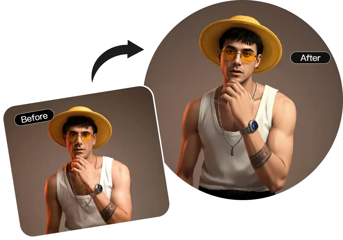 Man in yellow hat before and after PS2-style AI filter transformation