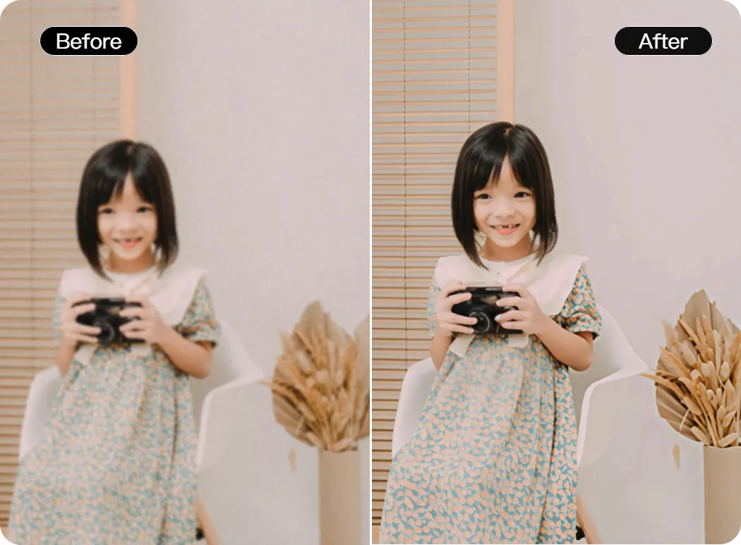 Unblur tool comparison: Floral-dress girl's photo transforms from blurred (Before) to crisp details (After)