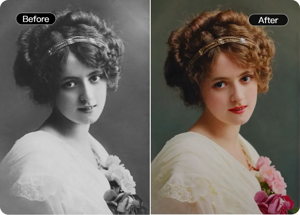 Vintage portrait colorized: Before/After AI restoration elegance