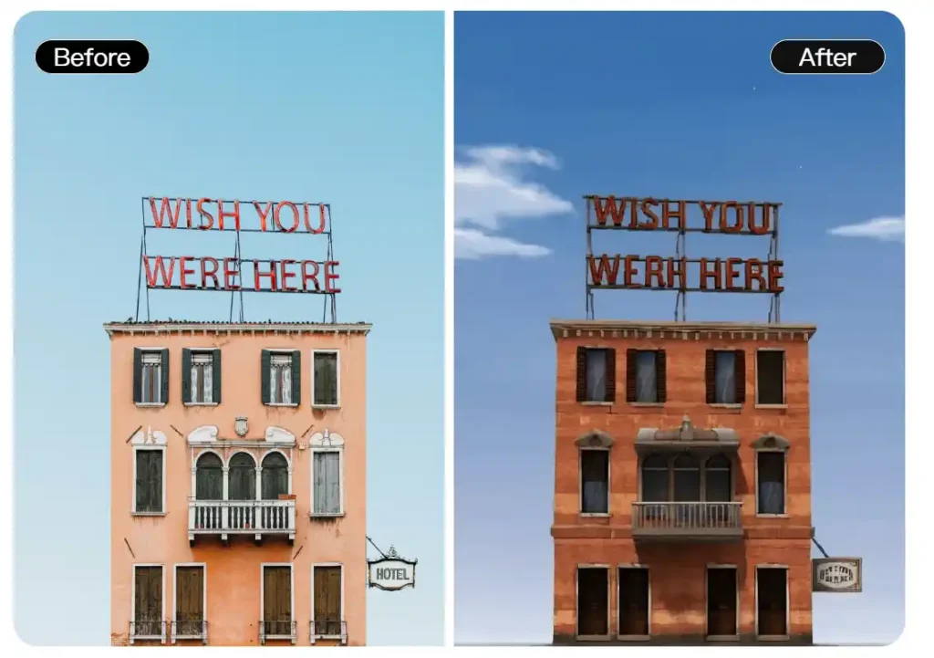 Building with sign before and after retro PS2 filter