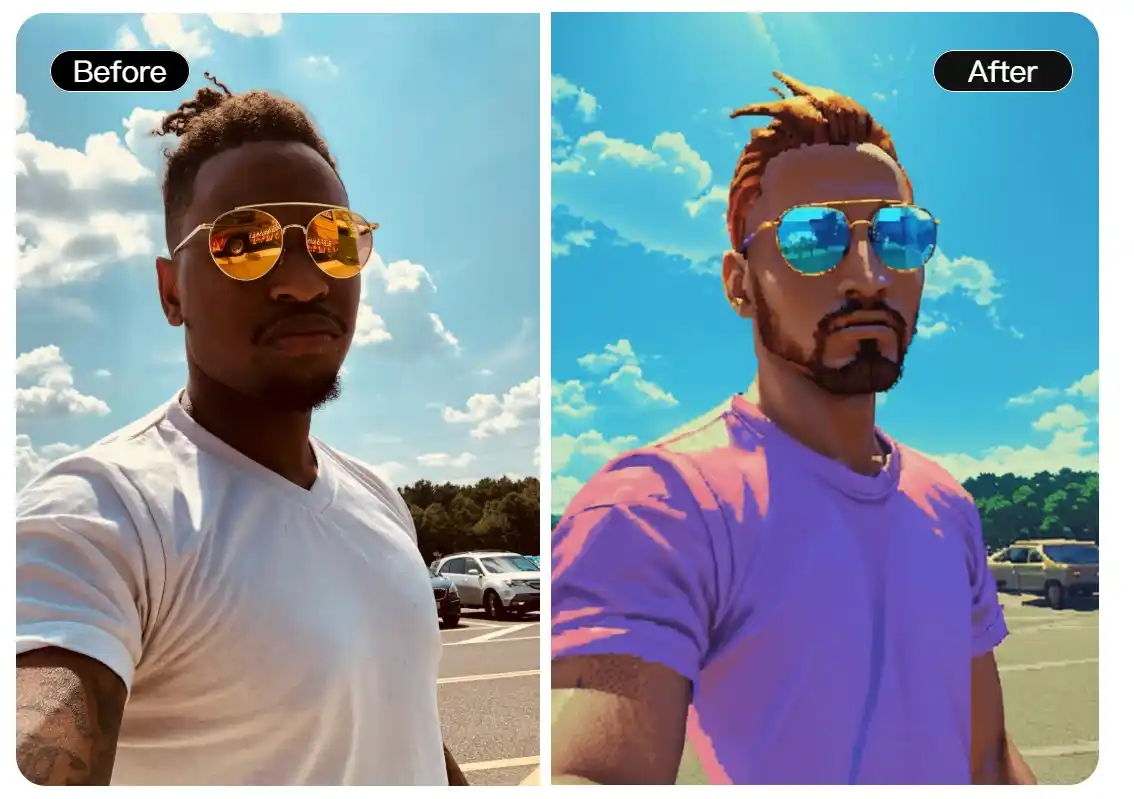 Man with sunglasses before and after PS2-style AI filter transformation