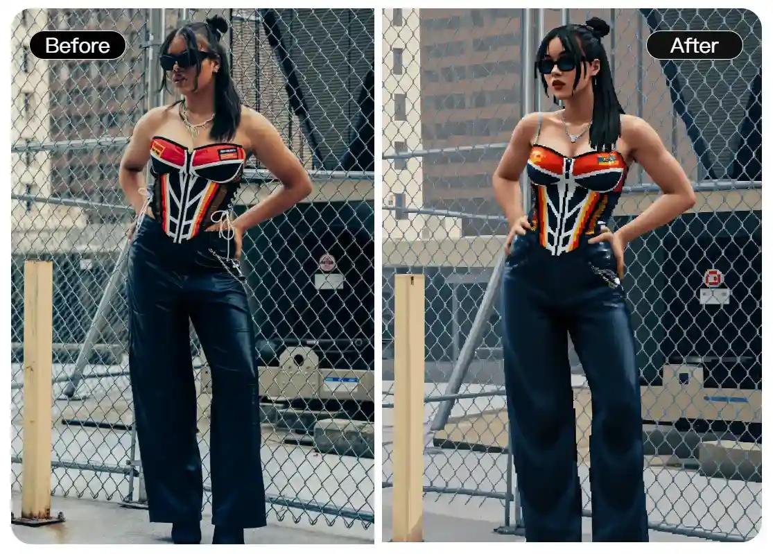 Before and after of a woman in a corset top using the PS2 AI filter