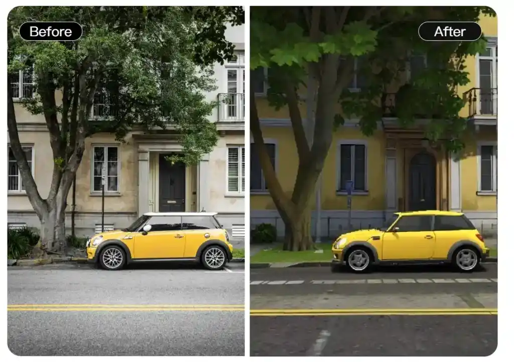 Yellow car before and after PS2 filter with retro game look