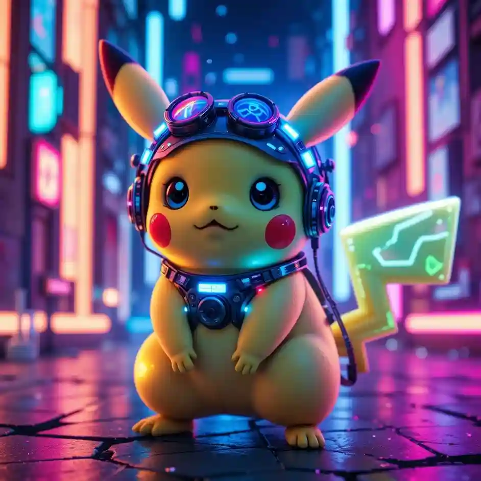 Pikachu in a futuristic cyberpunk city