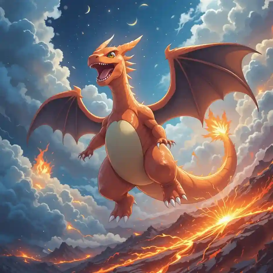 Charizard flying over a volcano