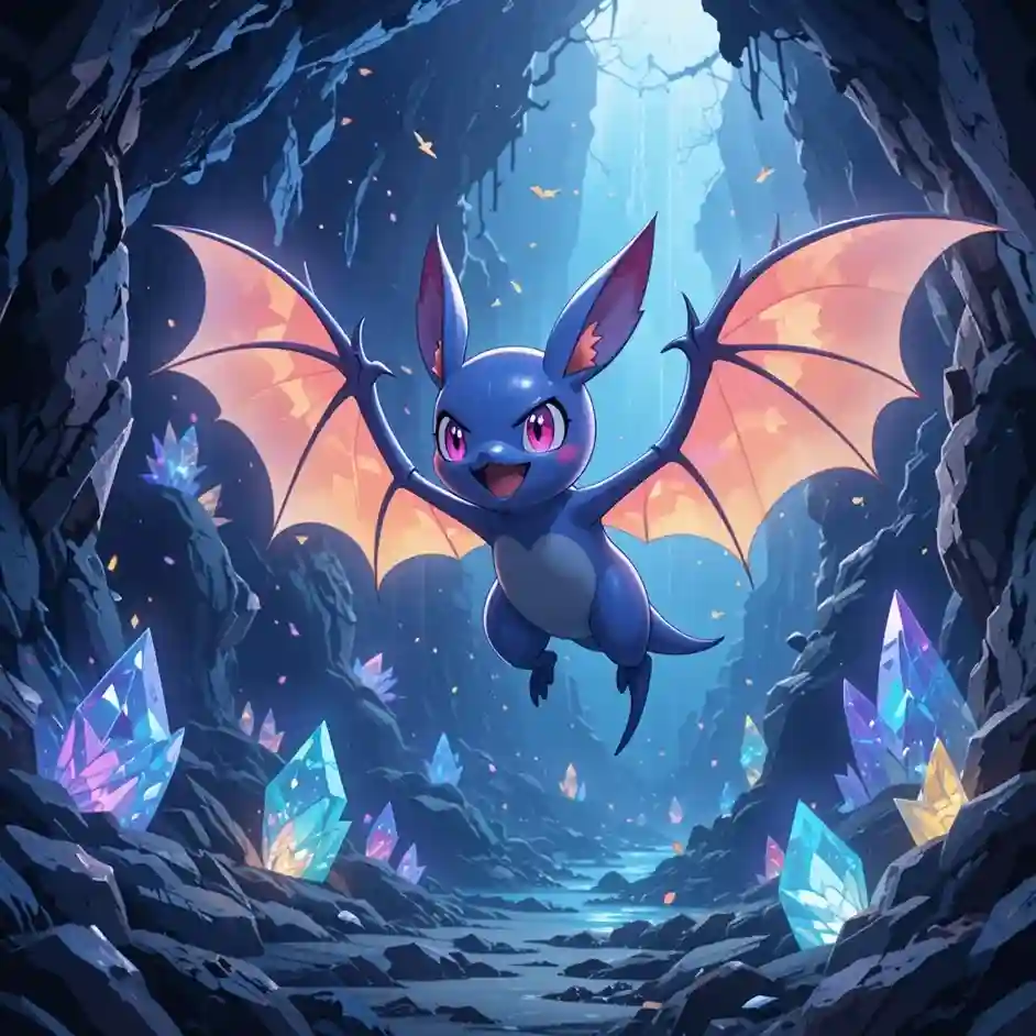 Zubat flying through a cave filled with crystals