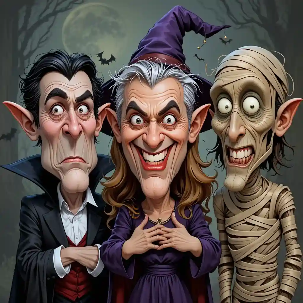 caricature of a group in Halloween costumes