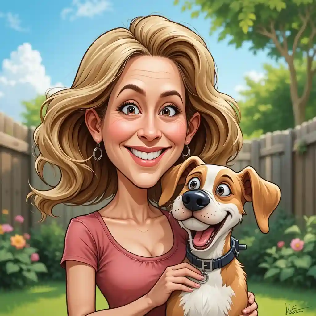 Caricature of a woman with her dog