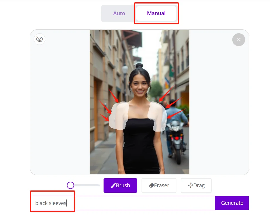 Manual steps of AI clothes changer for adding black sleeves