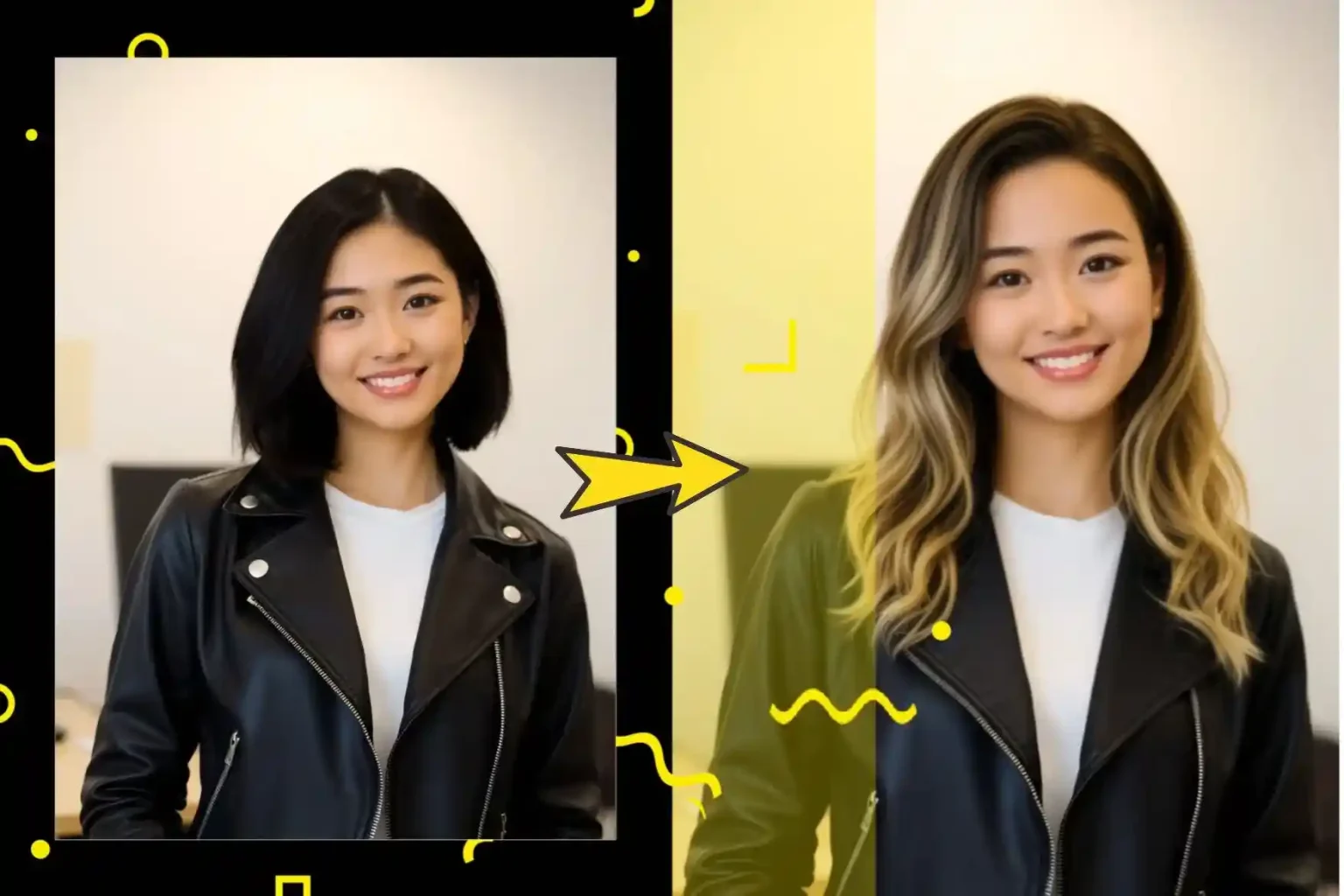 Transform black short hair into blonde curly hair