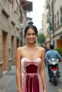 a girl in pink velvet dress