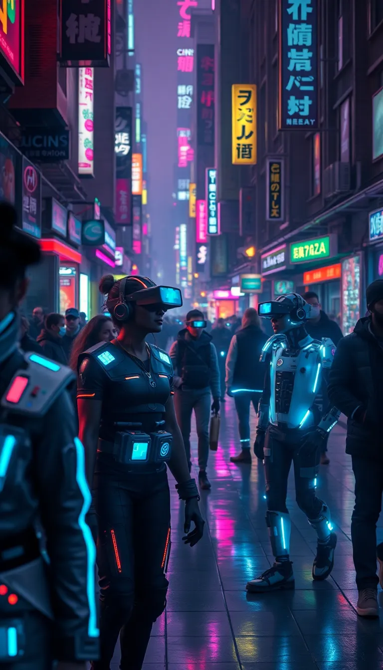 cyberpunk street with many people
