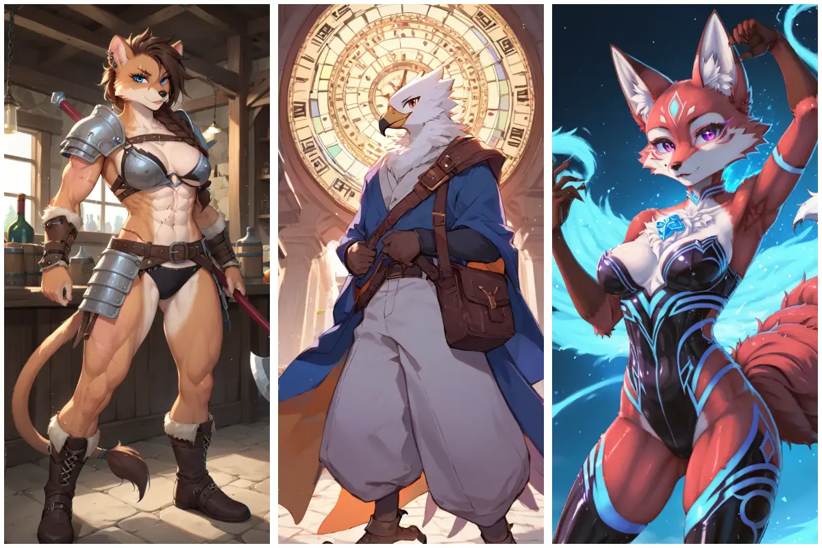 three AI-generated furry character