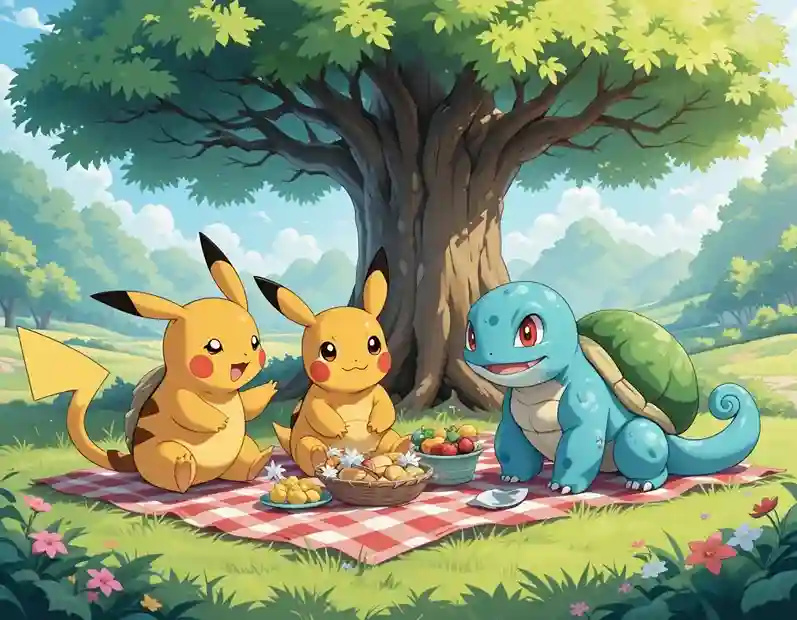 group of classic Pokémon characters gathering in a meadow