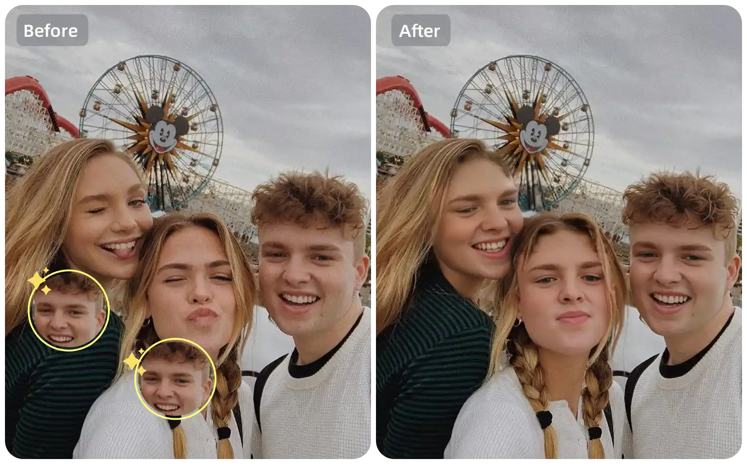 Replace all faces in a group photo with the same face