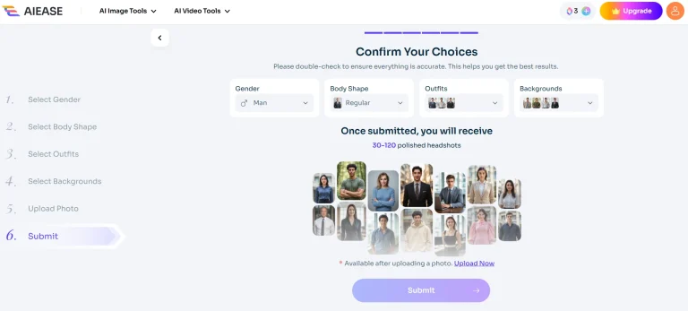 The interface of AI Headshot Generator on AIEase