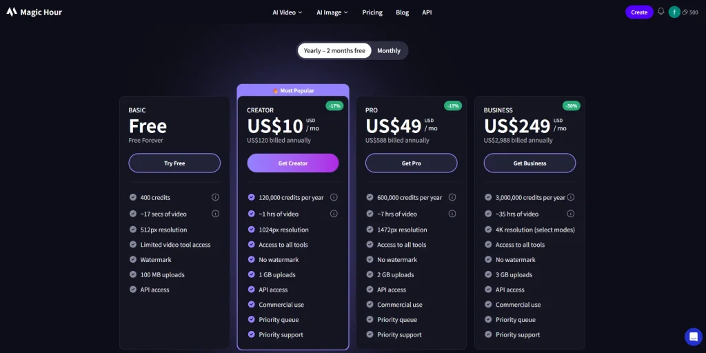 The pricing page of Magic Hour AI