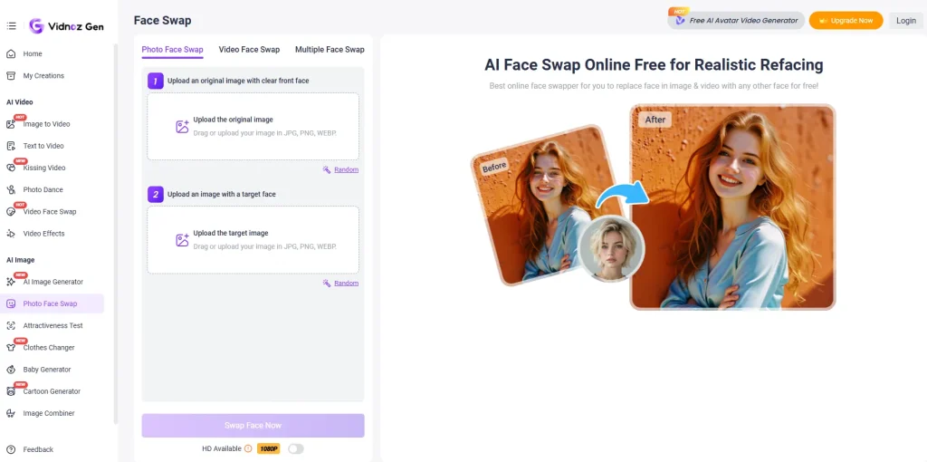 The interface of Vidnoz face swap