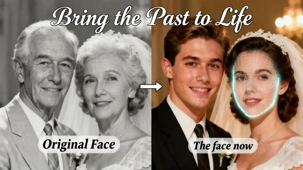 16:9 split-screen: 1950s black-and-white wedding photo of elderly American couple ("Original Face") vs. young modern replace face with AI grids, arrows, and "The face now" + "Bring the Past to Life".