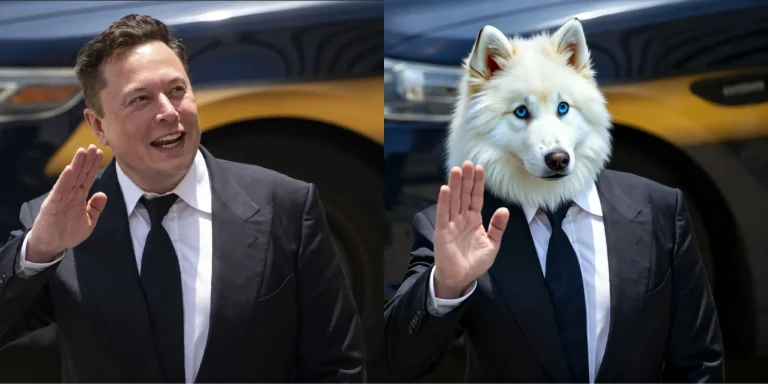 Confident dog face swap with a sharp expression and playful canine features