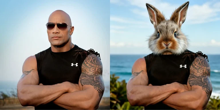 Muscular rabbit face swap combining a strong body with cute bunny features