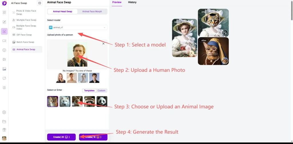 Animal Head Swap interface showing model selection, human photo upload, animal image selection, and result generation