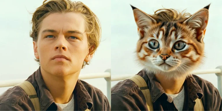 Serious cat face swap with a cinematic style and realistic feline features